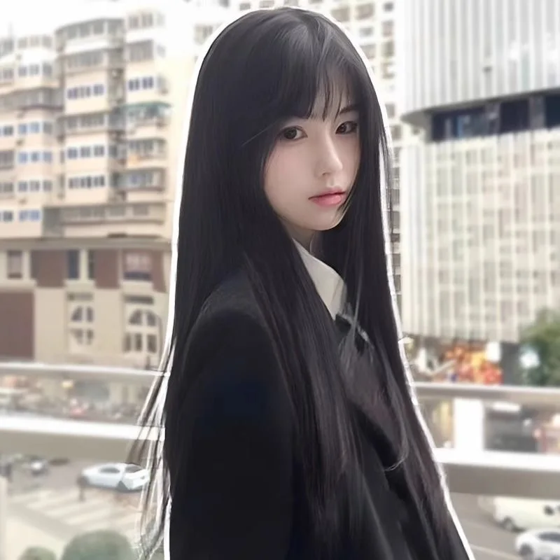 24inch Black Long Straight Synthetic Wig with Bangs for Women Full Head Cover Cosplay Party Natural Lolita Long Hair Wig Female