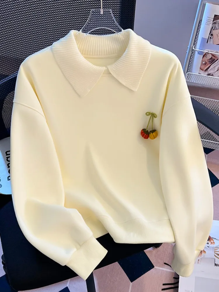 

Faionable Knitted Doll Collar Sweatirt Fce Lined Fake Two Piece Top Women's Loose Fit Long Sve Ne Warm Coat