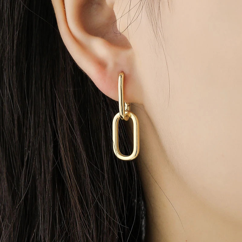 925 Sterling Silver Ear Needle Minimalist Oval Hoop Earrings Women\'s Fashion Chain Geometric Pendant Earings Fine Jewelry Gift