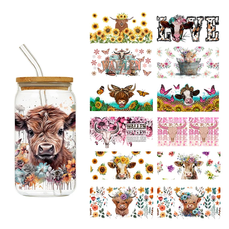 1PCS Wallen Calf Cow Bulk Skull and Flowers UV DTF Stickers Design Wrap Pegatinas Transferibles Cristal UV DTF Wraps For Cups