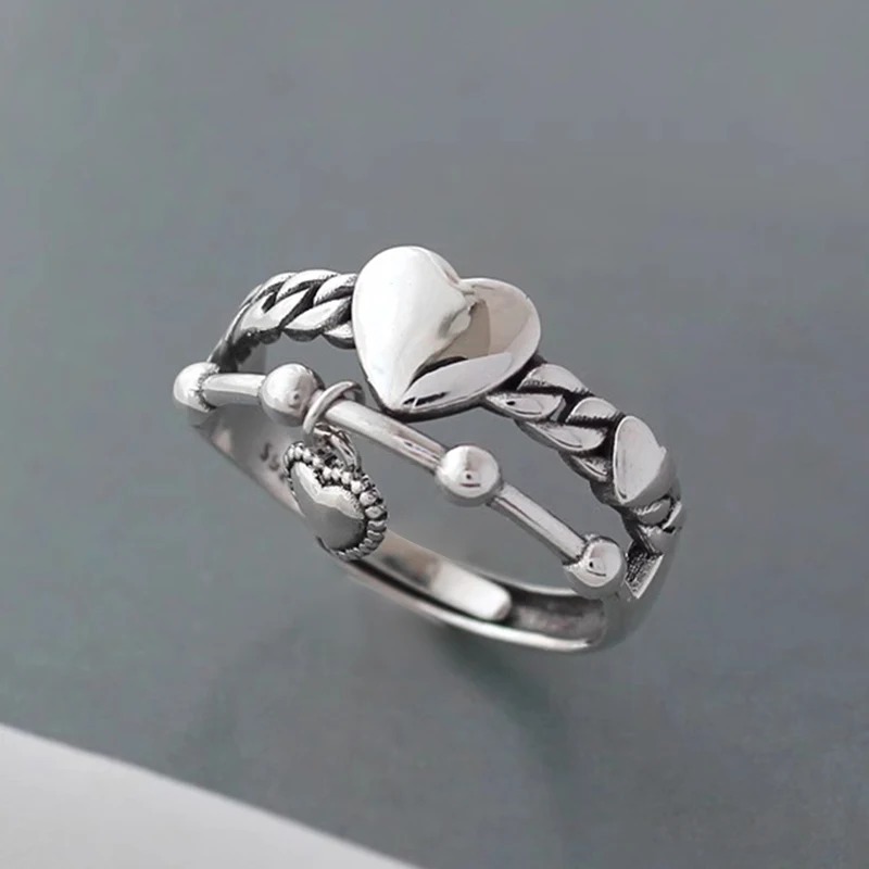 Foxanry Vintage Punk Finger Rings for Women Couples New Fashion Simple LOVE Heart Pendant Geometry Handmade Party Jewelry Gifts