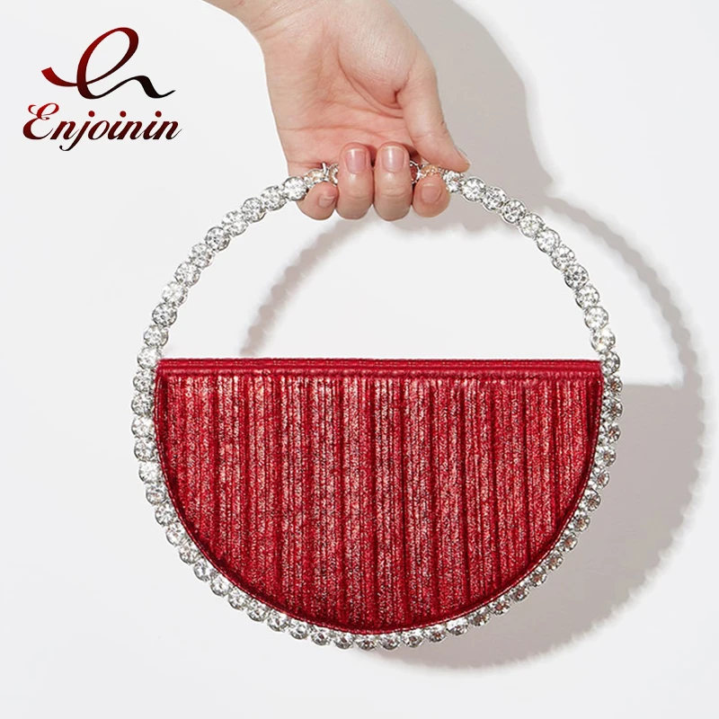 Round Shaped Evening Diamond Clutch Bags for Women Designer Chic Metal Handle Shiny Sequins Purse Female Wedding Handbags