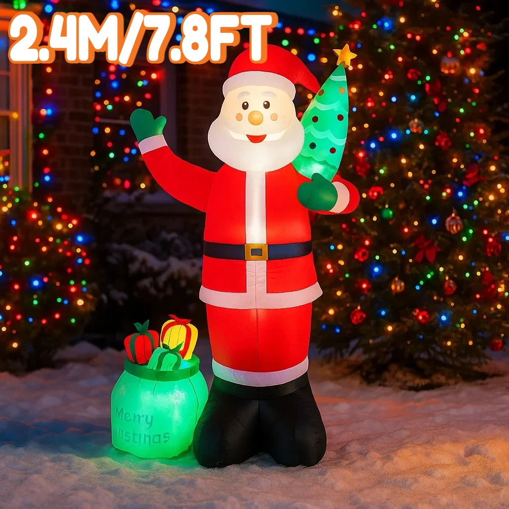 2.4M/7.8FT Inflatable Santa Claus Holding Christmas Tree Light LED Home Holiday Lighting Decor Yard Xmas Supplies Party Ornament
