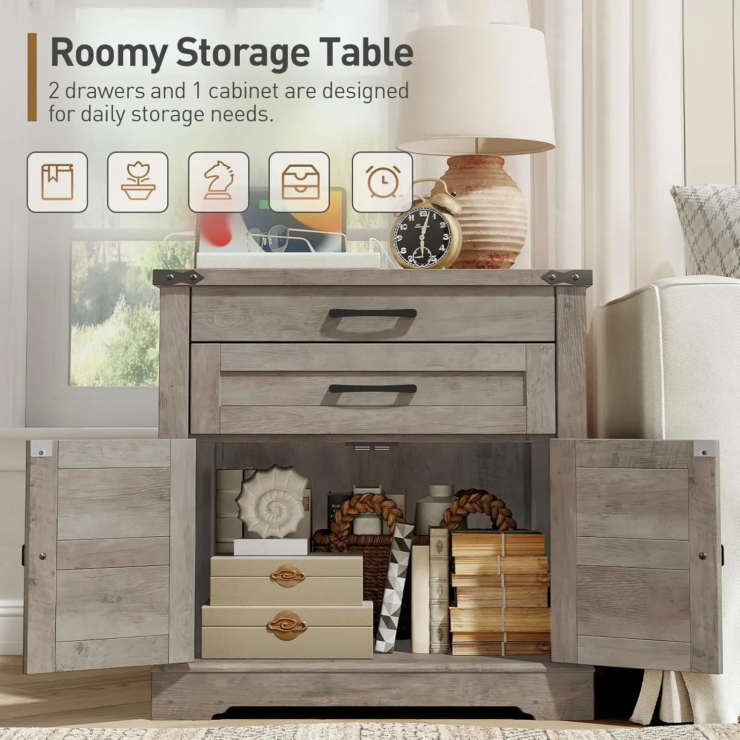 Mesa auxiliar de granja con estación de carga, mesita de noche cuadrada rústica de 24 pulgadas, 2 cajones, puerta de granero, verde