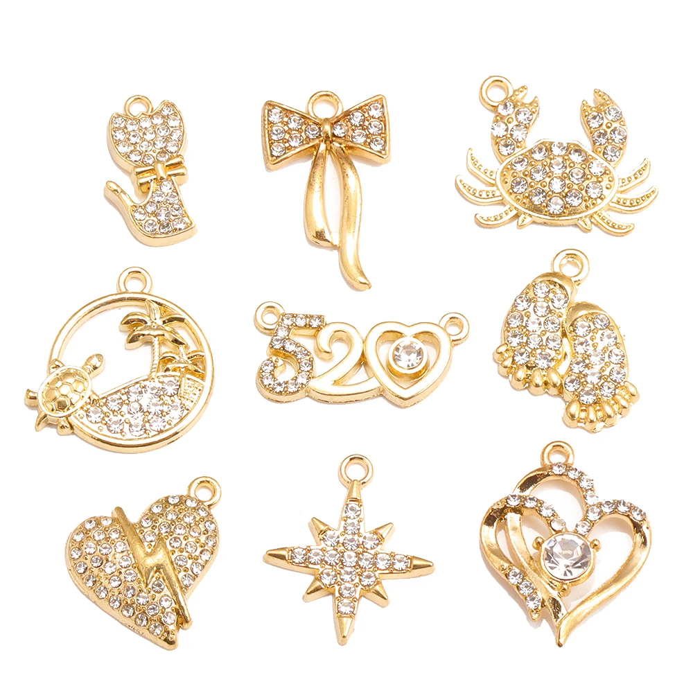 10Pcs luxury Rhinestone heart bow star footprint pendant For women's earrings keychain backpack pendant jewelry making supplies