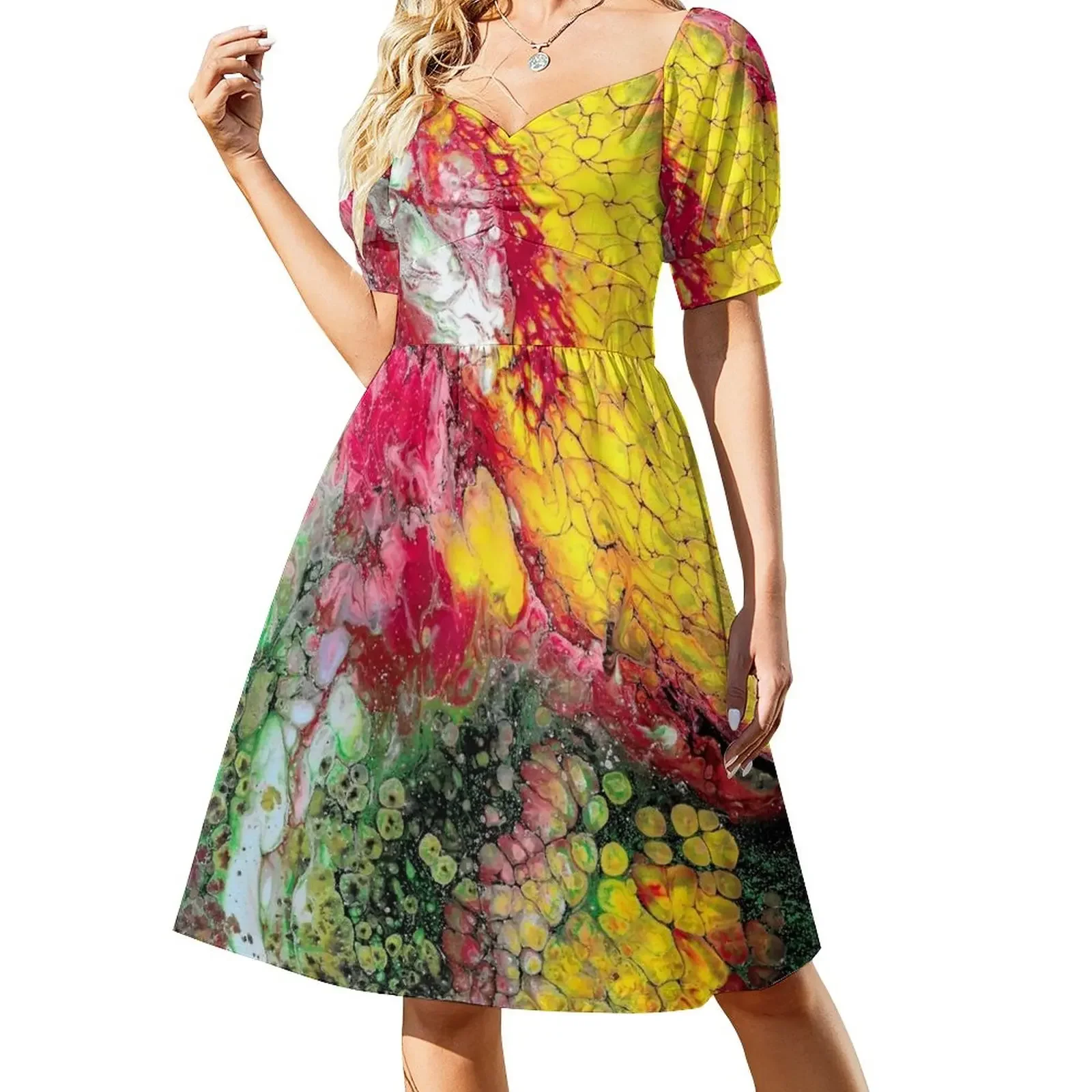 

Fiery Flowing - Acrylic Pour Short-Sleeved Dress beach outfits for women Women's skirt clothes for women