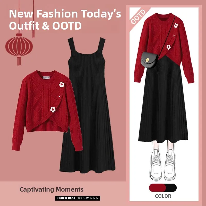 

Red Sweater Top Women's Faion Set Autumn Winter New Sle Slimming Strap Dr Anti-aging Two-piece Set Long Sve