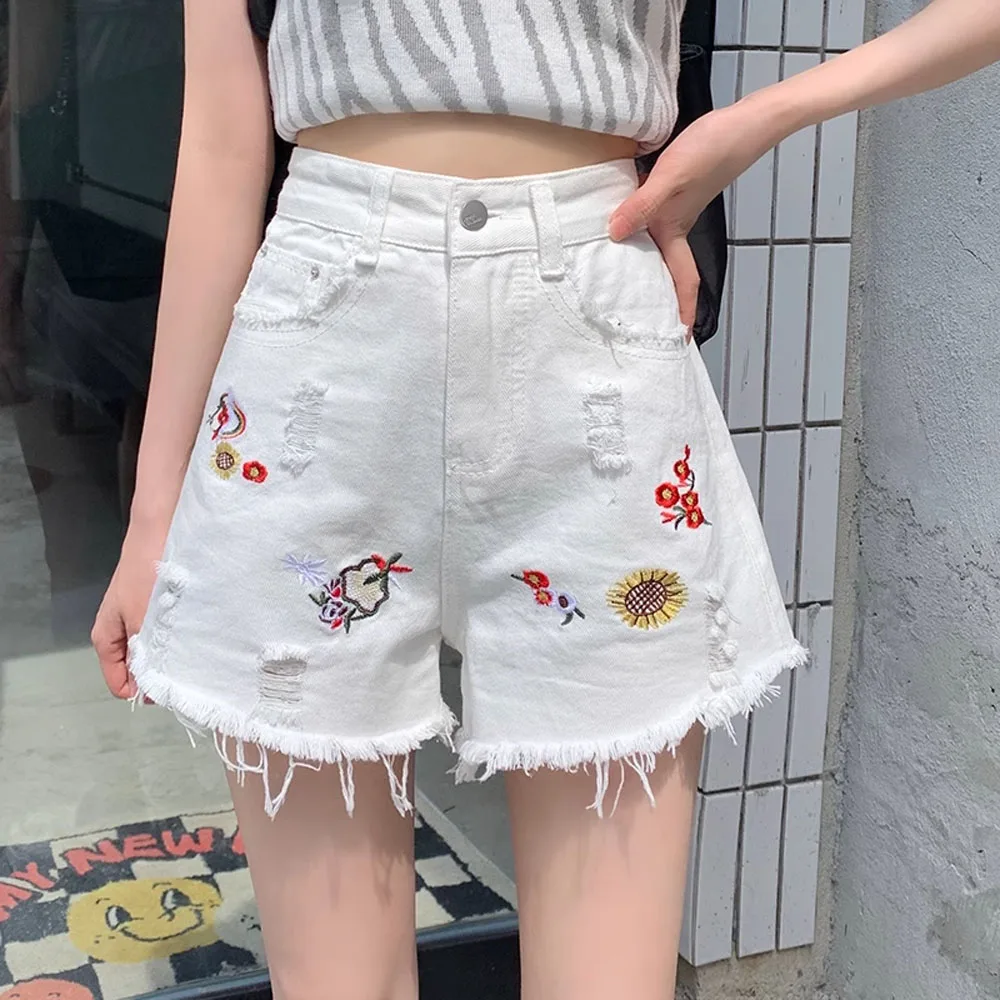 Summer Fashion Denim shorts For Women Plus Size High Waist Tassel Casual Bottoms For Ladies Embroidery Flowers y2k Jeans