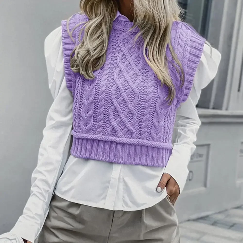 Women\'s Clothing Chic O Neck Pink Knitted Vest All Match Streetwear Short Sleeveless Pullover Knitted Waistcoat