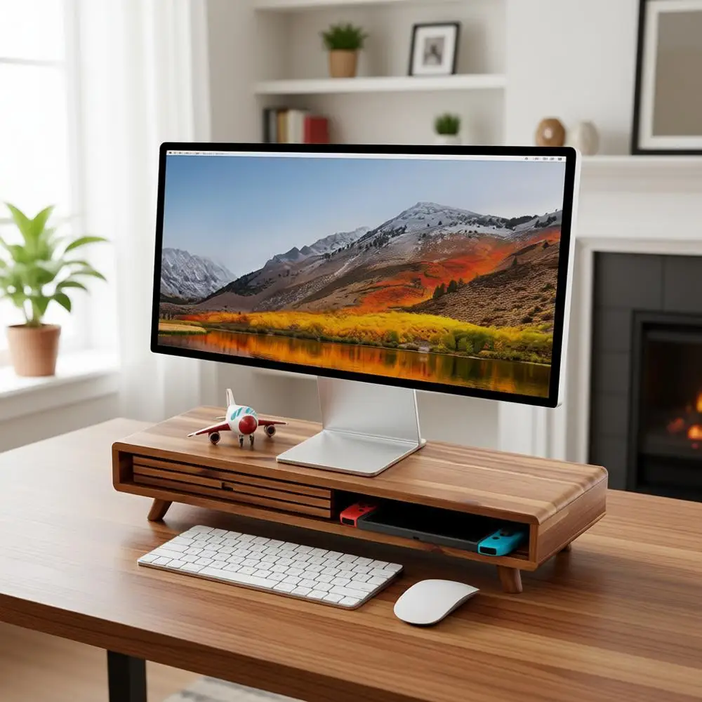 

Wooden Sliding Door Monitor Stand - Desk Riser with Multi-Purpose Storage for Computers, Laptops, TVs (24.4 x 8 x 5)