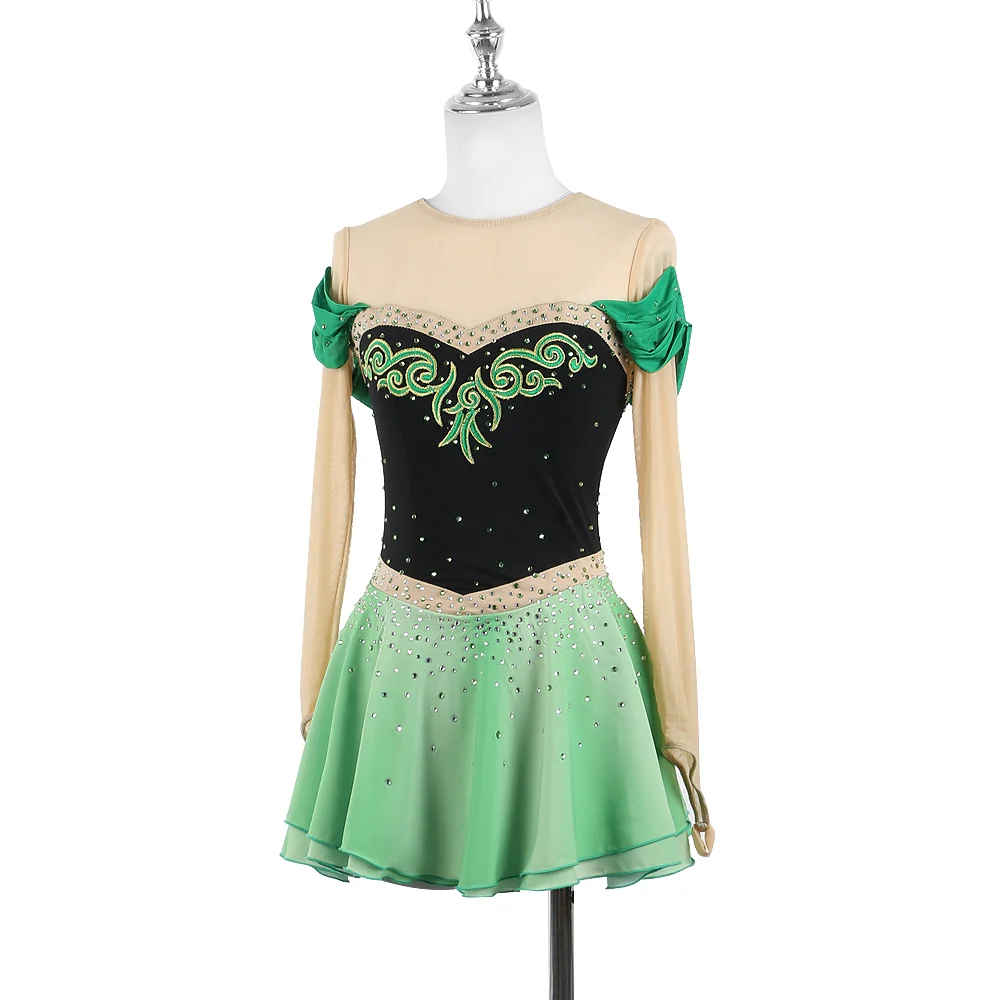 Zagitova Figure Skating Dress For Women Girls Ice Skating Skirt Performance Competition Green Gradient Frozen Princess Anna