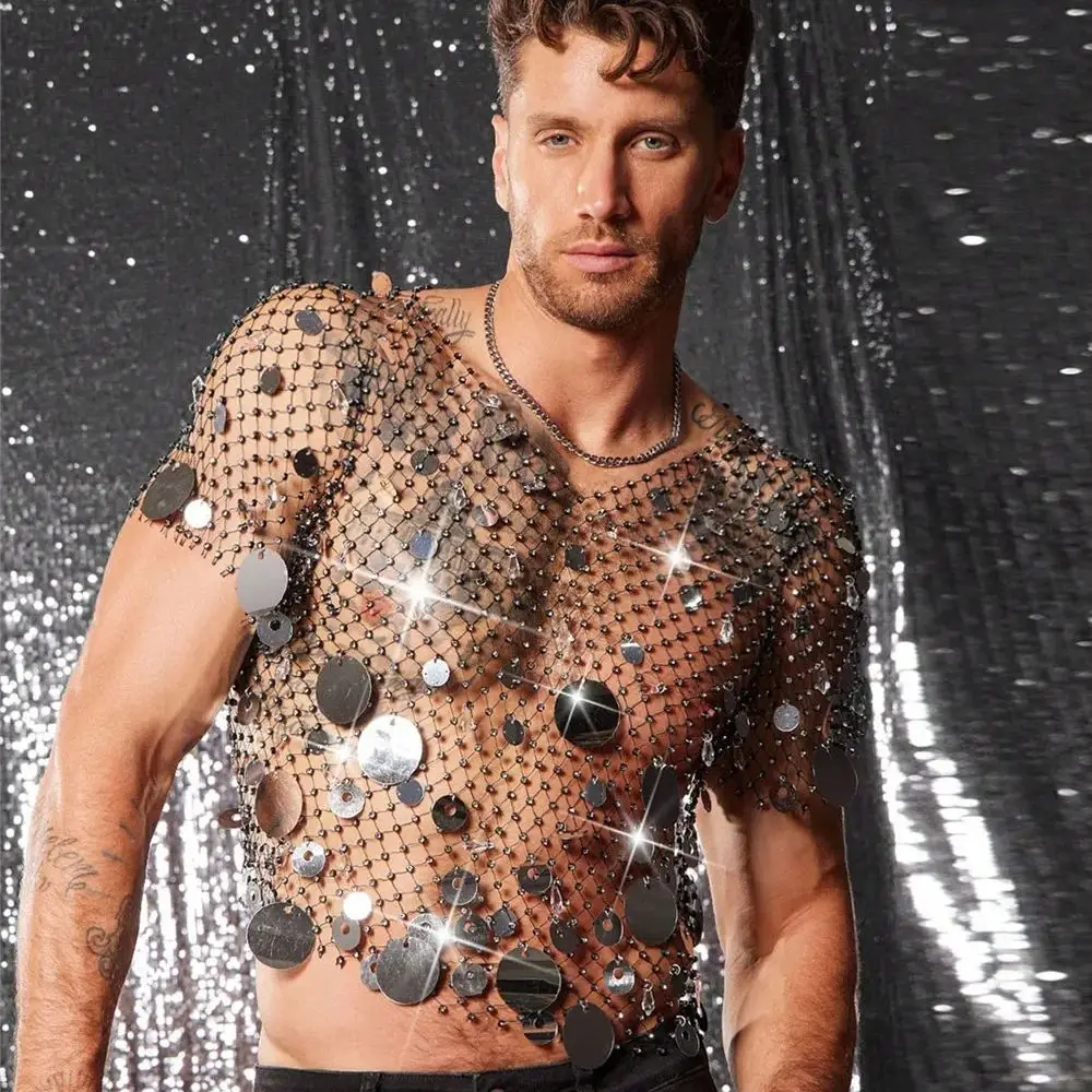 Men's Nightclub Flashy V-Neck Short Sleeve Summer Sexy Openwork Mesh Top Breathable Beaded Sequined Design Men's Clothing