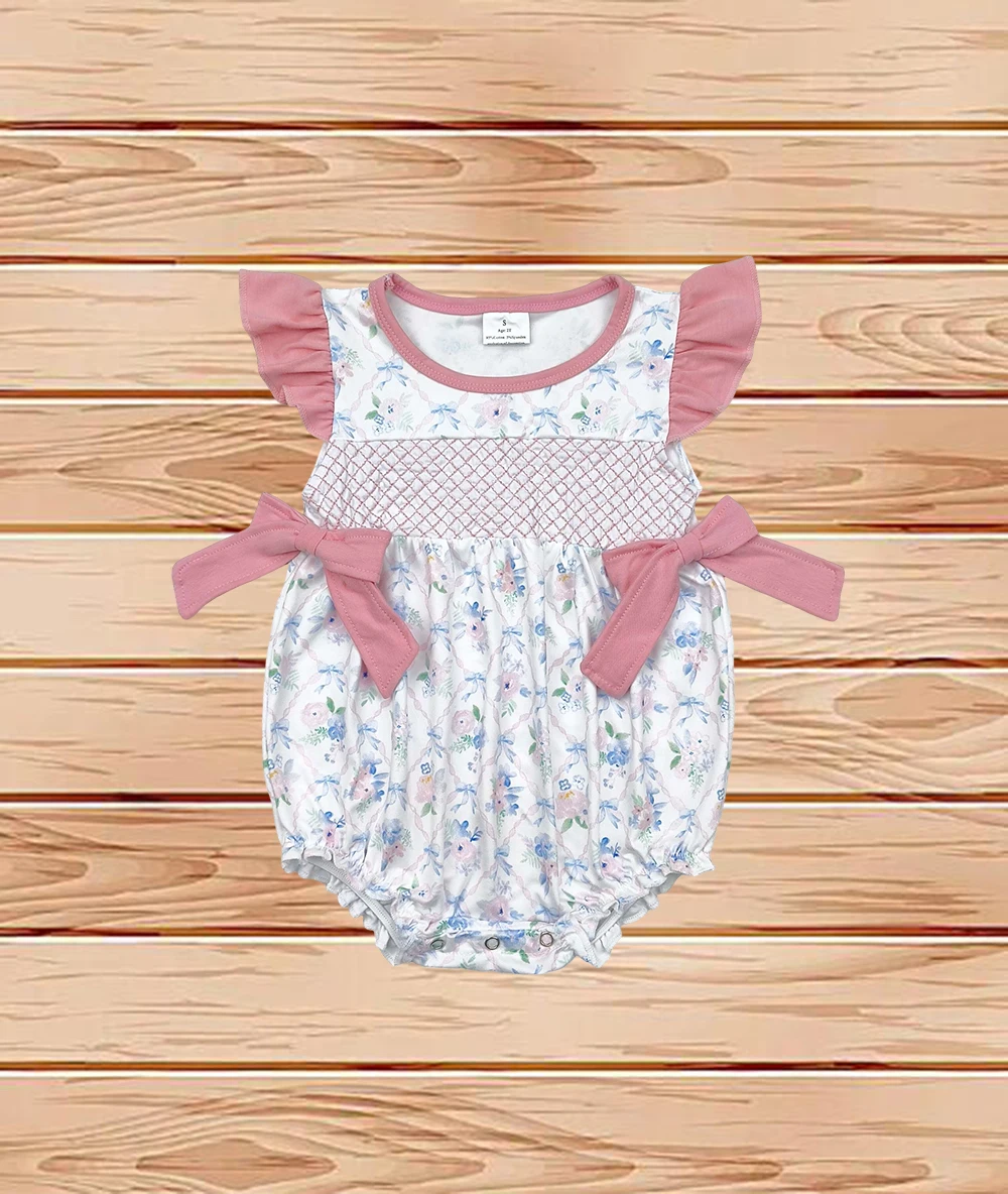 

4.14 Wholesale western boutique onesies Newborn toddler Baby Infant Girls Pink Flutter Sleeves Floral Bows Top Ruffle Rompers
