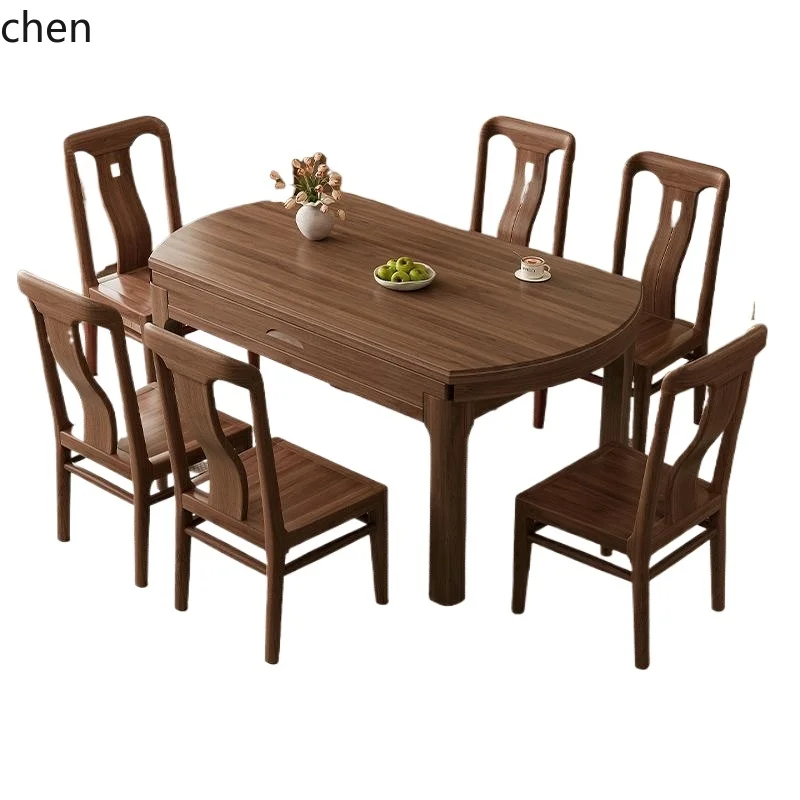 

HSN log dining table and chair combination All solid wood square dining table Household retractable round table