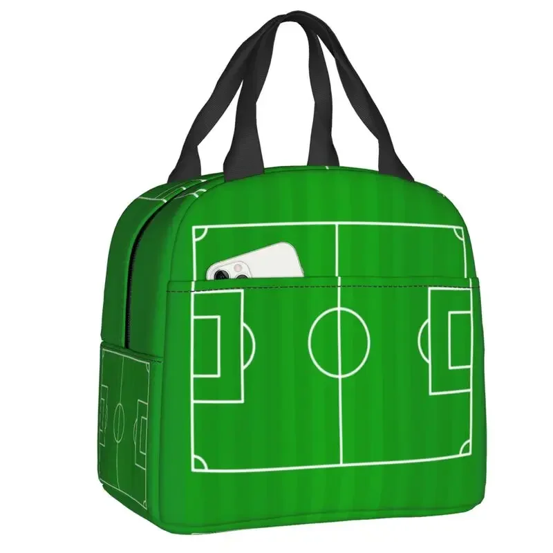 Scatola per il pranzo isolata con motivo a calcio di calcio per le donne borsa per il pranzo termica portatile per bambini borsa per alimenti da