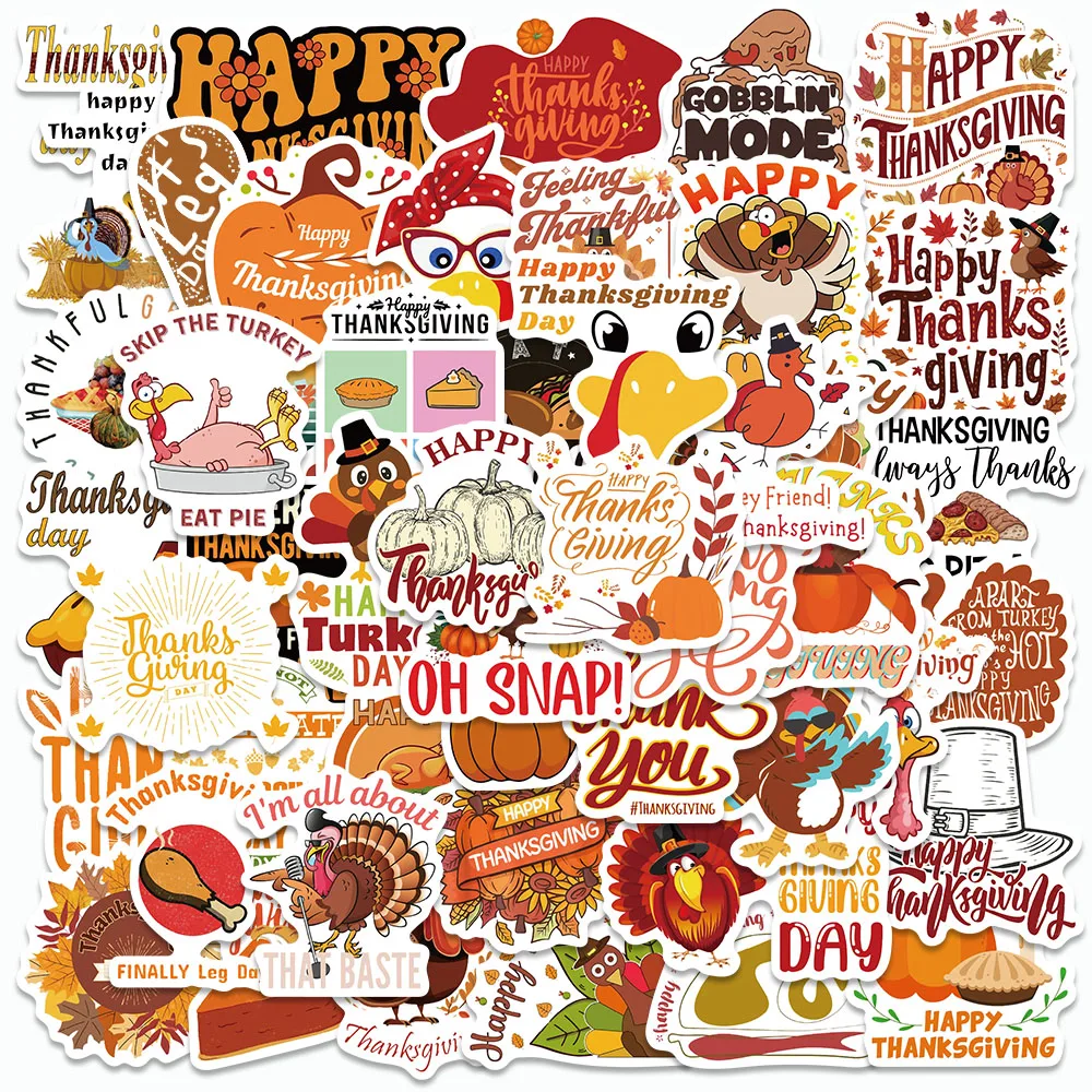 

50PCS Cartoon Thanksgiving Days Stickers Festival Turkey DIY Decals For Skateboard Fridge Luggage Laptop Kids Toy Stickers