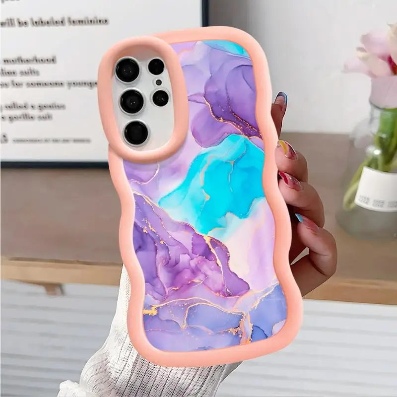 Luxury Purple Blue Marble Art Macaron Waves Phone Case for Samsung S24 S23 S22 S21 FE Ultra for Galaxy A50 A05 A04 Candy Cover