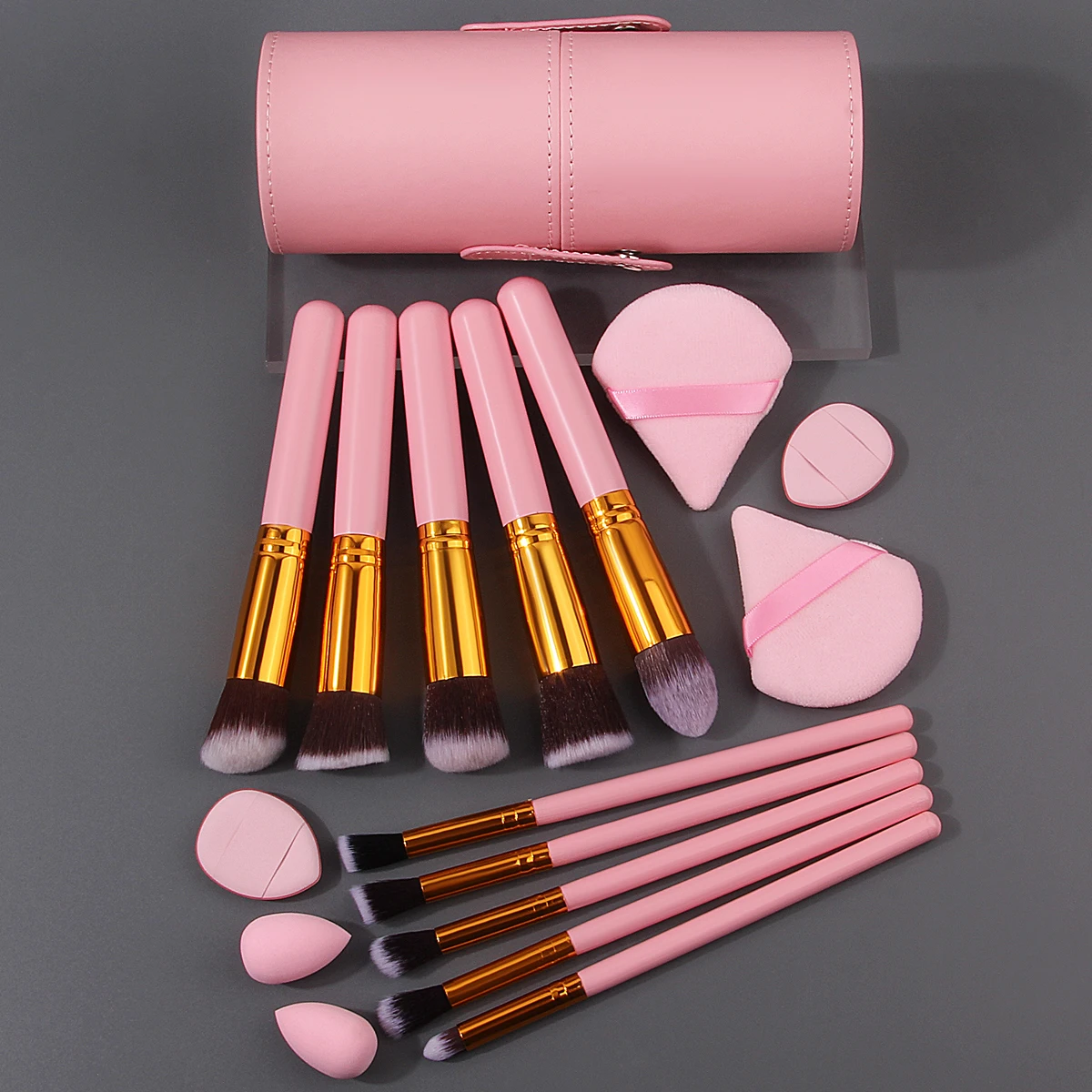 17PCS Pink multi-functional makeup brush set + triangular powder puff + mini sponge egg/fingertip powder puff + storage bucket