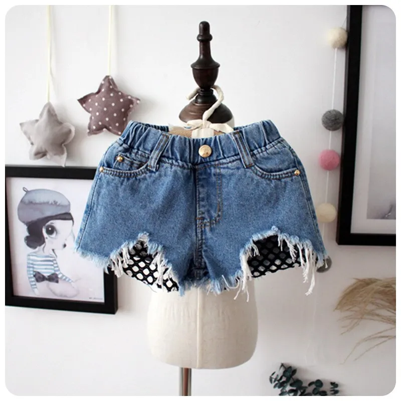 Girls' Denim Shorts Casual Style Hole Punch Thin Mesh Trousers for Children And Tweens mid Waist Length 52cm Other Material