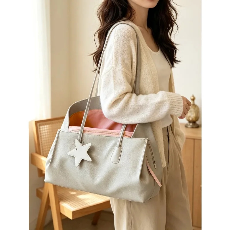 2026 FW K-Fashion Color-block Large Tote Bag Multi-compartment Commuter Minimalist Shoulder Crossbody Versatile Women