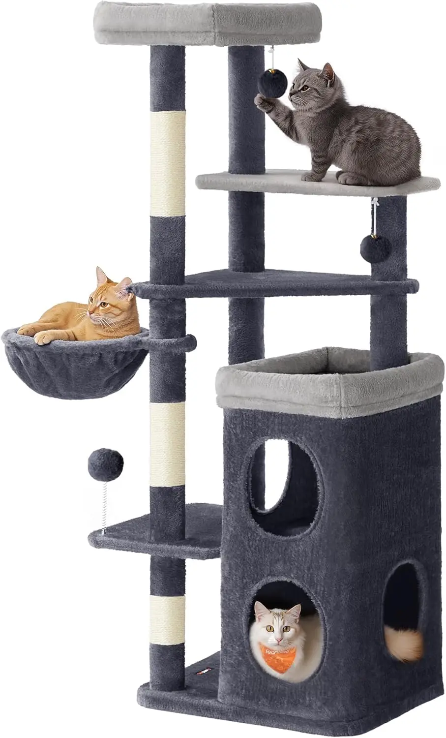 

Cat Tree, 60-Inch Cat Tower, Multiple-Level Plush Condo with 2 Caves, 3 Scratching Posts, 3 Perches, Dark Gray UPCT007G0