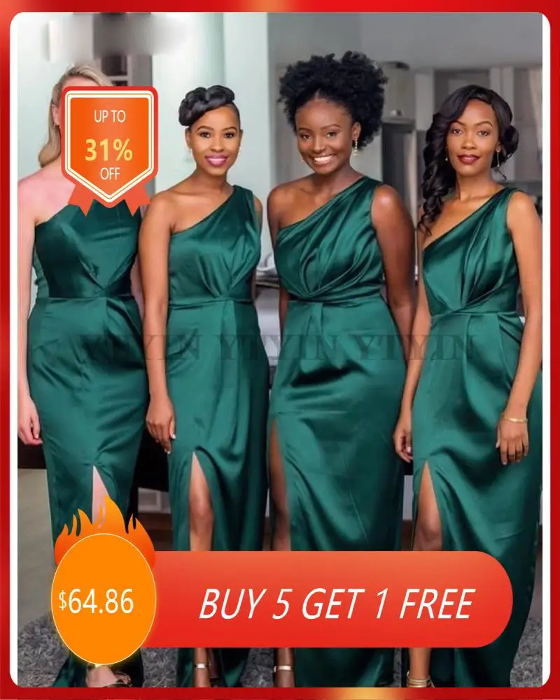 

Emerald Green One Shoulder Bridesmaid Dresses Side Split Pleat Shiny Satin Women Wedding Party Dress Maid Of Honor Gowns