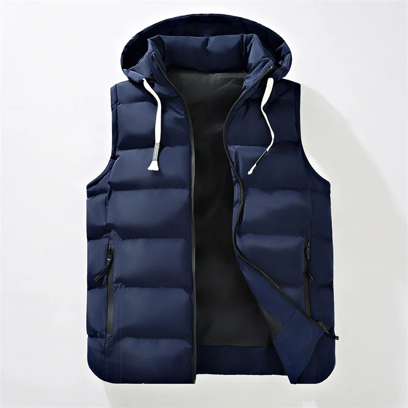 

Autumn Winter Hooded Warm Men Vests Windproof Male Sleeveless Cotton Jacket Outdoor Casual Street Waistcoat for Men High Quality