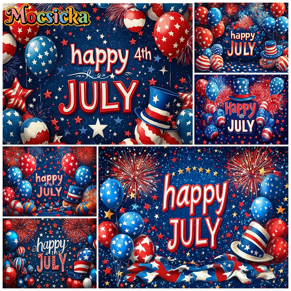 Mocsicka Happy 4th Of July Photo Backdrop Dark Blue Star Balloons Usa Independence Day Photography Background Kid Party Portrait