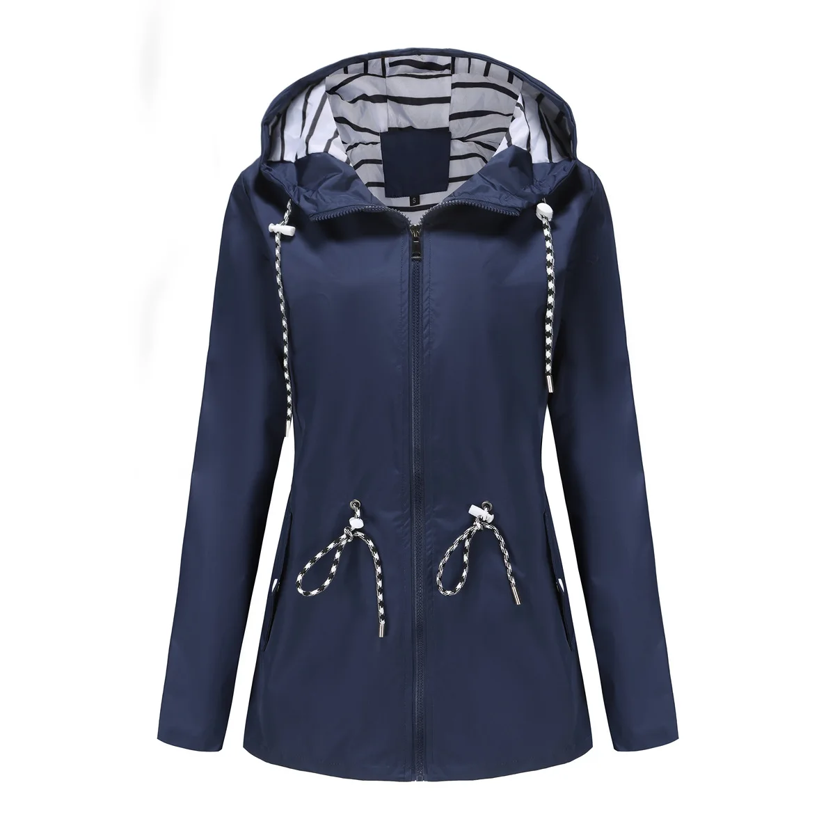 Women Outdoor Windbreaker Casual Loose Hooded Waterproof Raincoat Long Sleeve Solid Color Mid-length Zipper Hiking Jackets