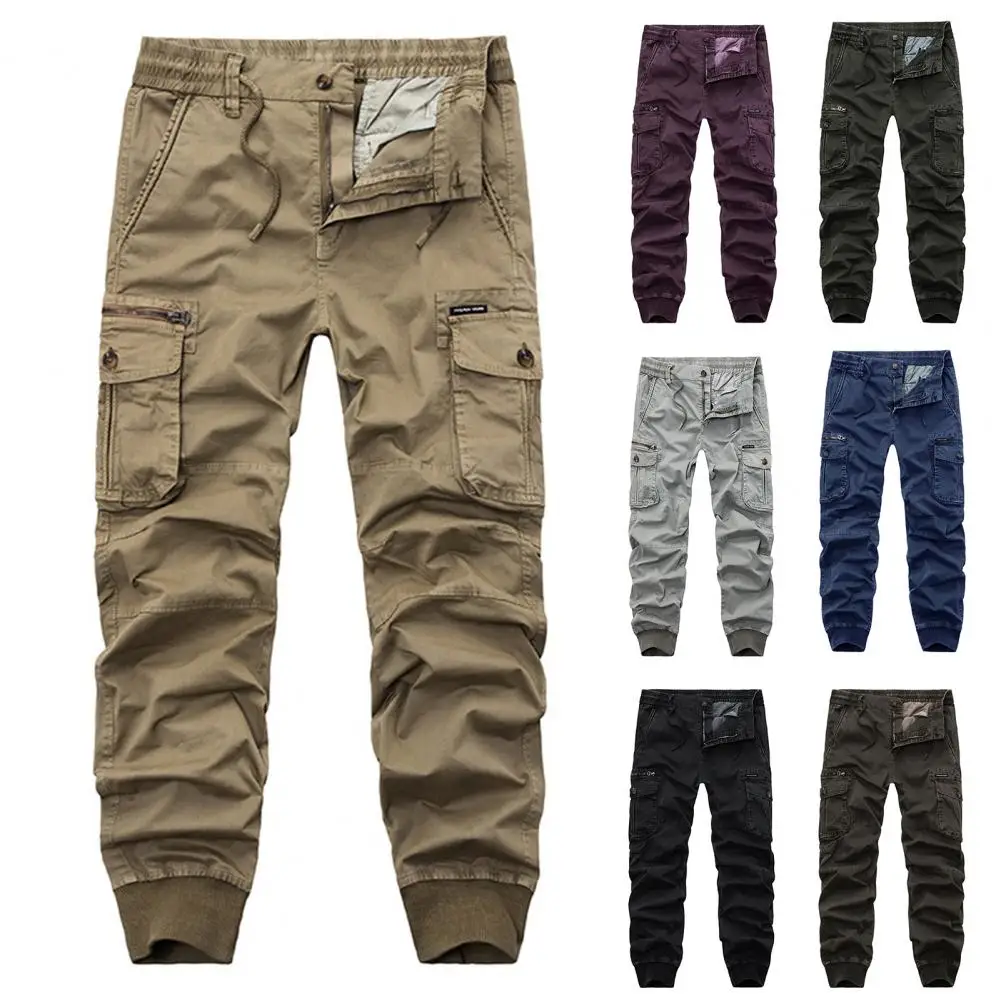 

Men Cargo Pants Zipper Fly Multi Pockets Drawstring Elastic Waist Bottoms Ankle Tied Trousers For Working Military Streetwear