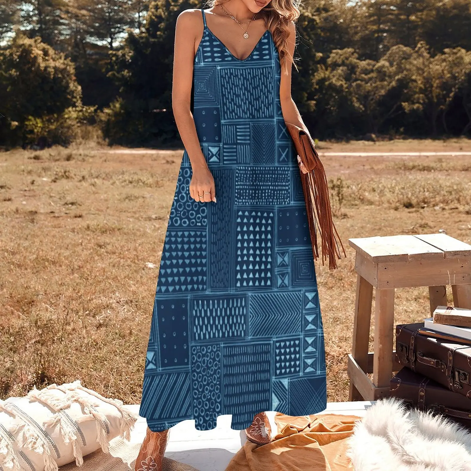 African Indigo Tribal Mud Cloth Sleeveless Dress Elegant gowns Summer skirt beach dresses