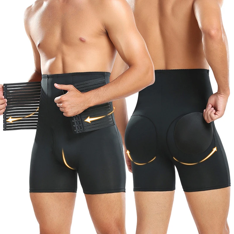 Prayger Men Butt Lifter Shapers High Waist Hook Control Panties Padded Hip Up Underwear Removable Inserts