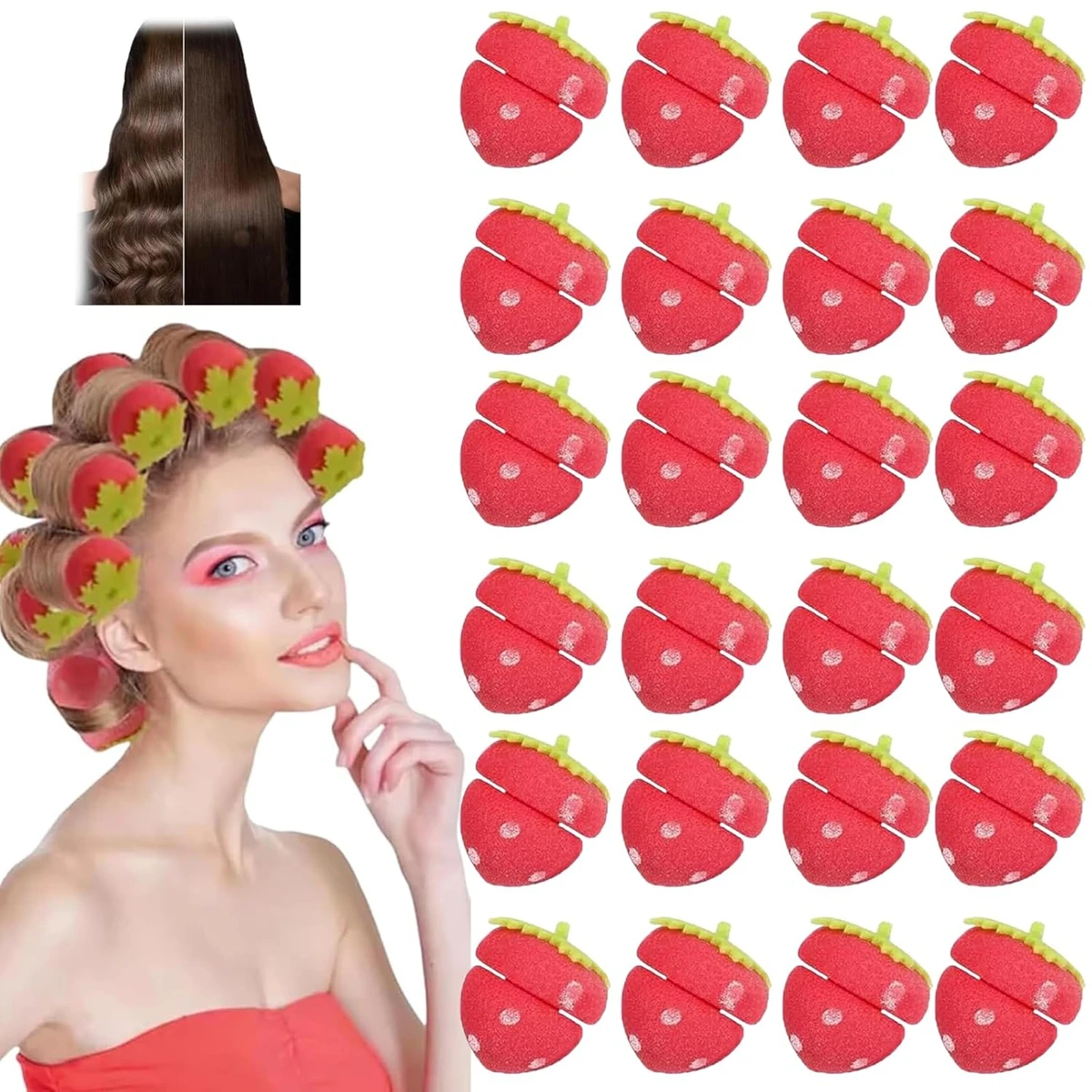Cute Strawberry Sponge Hair Rollers Set, Self Grip Hair Curlers with Clips, Easy to Use No Heat Hair Styling Accessories for Sal
