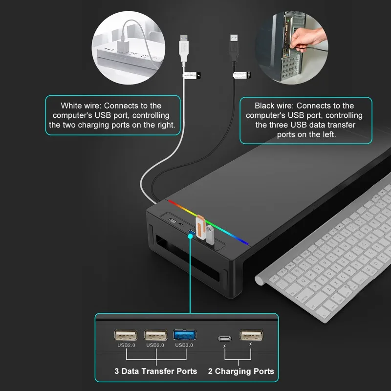 

Multifunctional Computer Monitor Stand Riser with RGB Lighting& Fast Charging Interface Height-Adjustable Desk Shelf Riser
