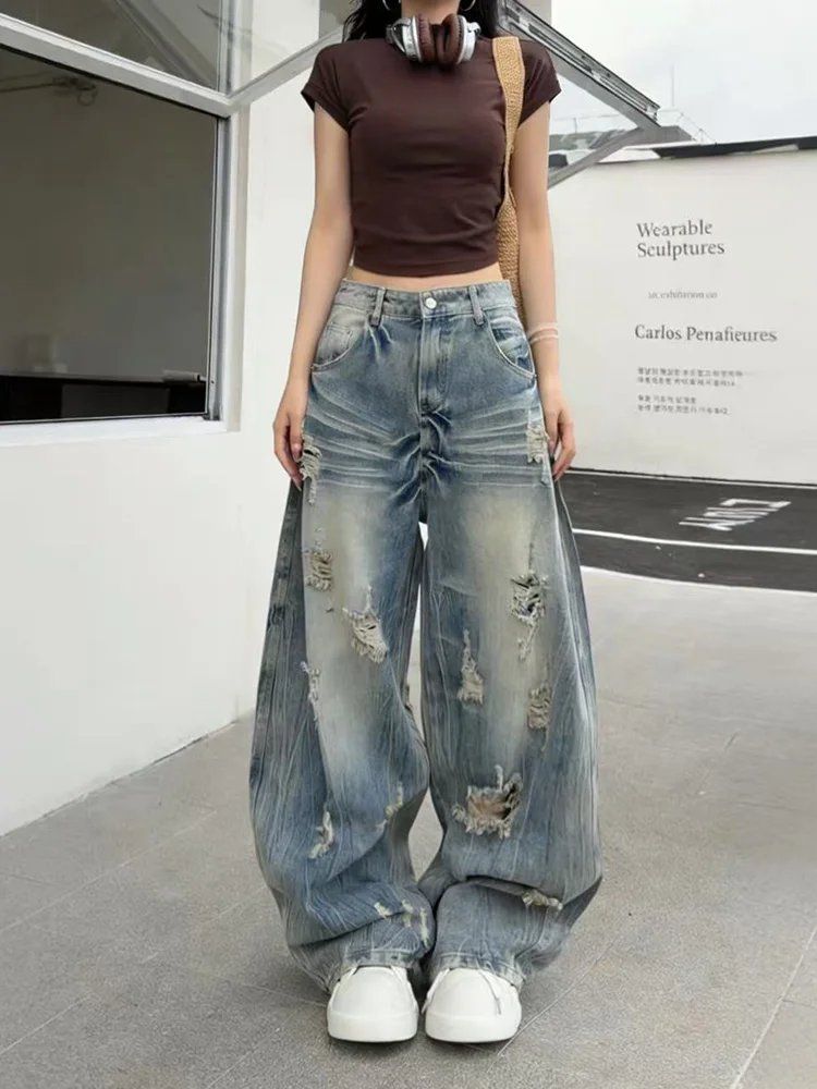 

Джинсы из выстиранного денима с эффектом потертости и градиентом, универсальные, широкие, повседневные, длинные брюки с высокой талией на пуговицах, из хлопкового бленда