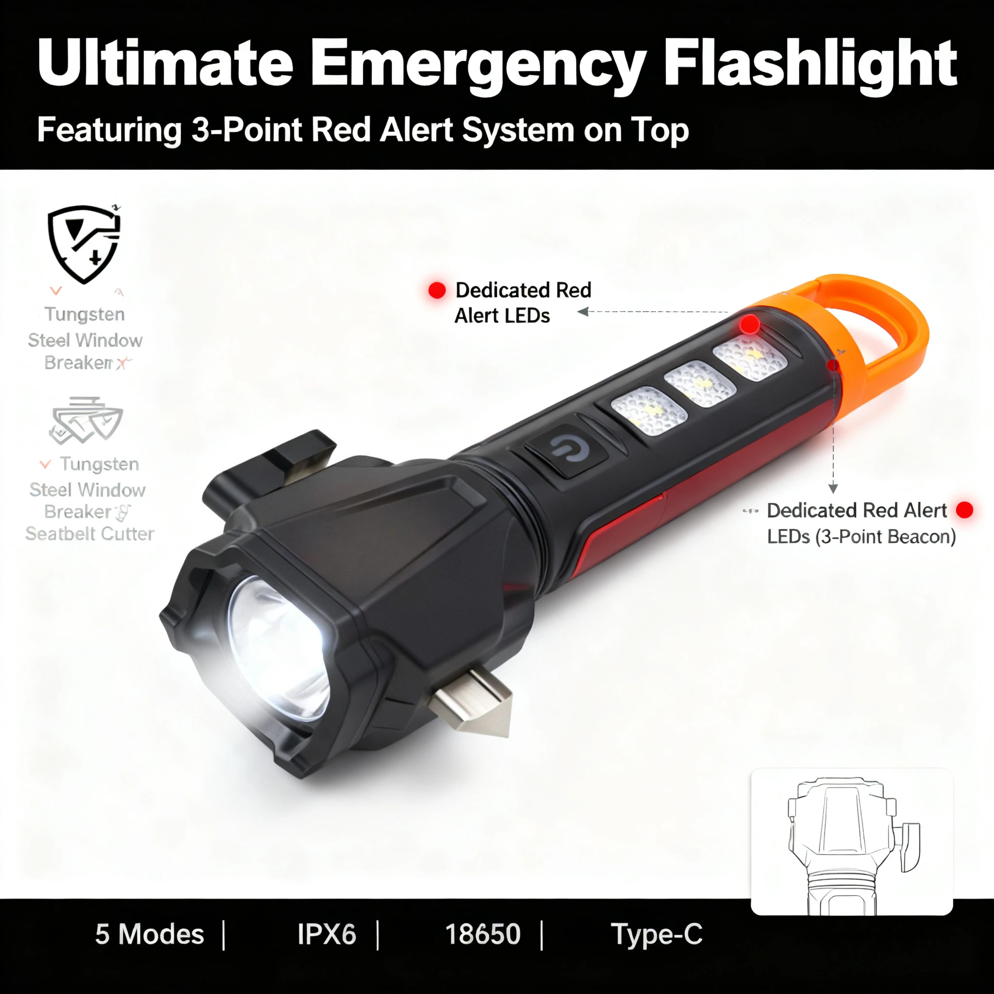 Super Bright LED Flashlight USB Rechargeable Torch Outdoor Strong Light Hook Camping Lamp Hammer Flashlight Emergency Red Light