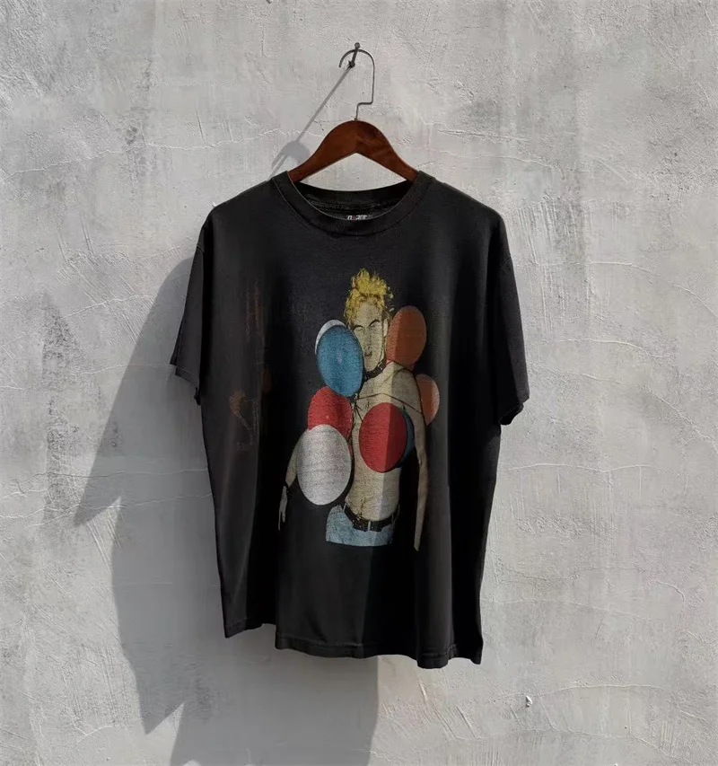 

Vintage Summer Washed Versatile Printed Design Trendy Round Neck Short Sleeve Street Casual Pure Cotton Oversize T-shirt Men