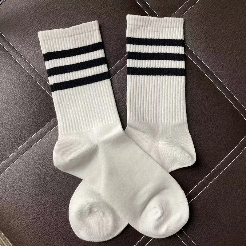 Classic Black And White Socks, Pure Cotton Couple Style, Three Bar Sports Socks, College Style