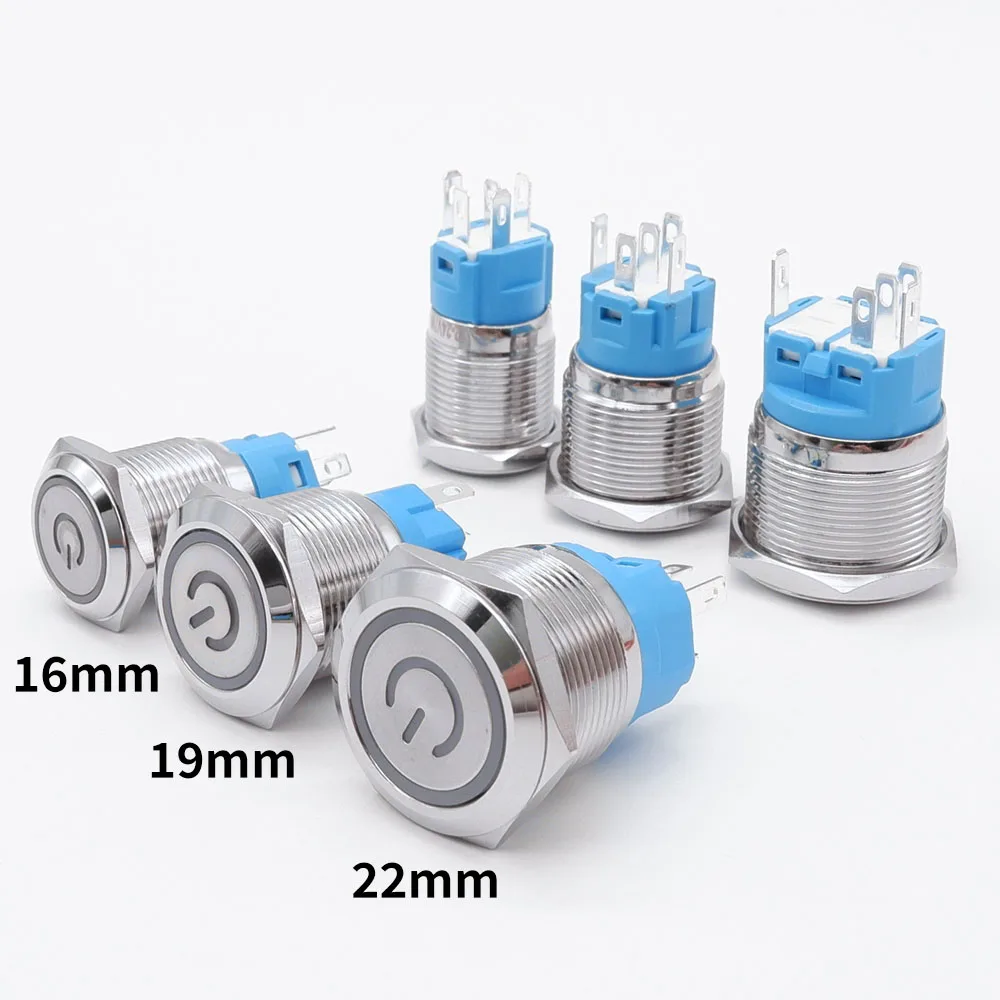 10pcs 16/19/22mm Waterproof Metal Push Button Switch LED Light Momentary Latching Car Engine Power Switch 5V 12V 24V 220V Blue