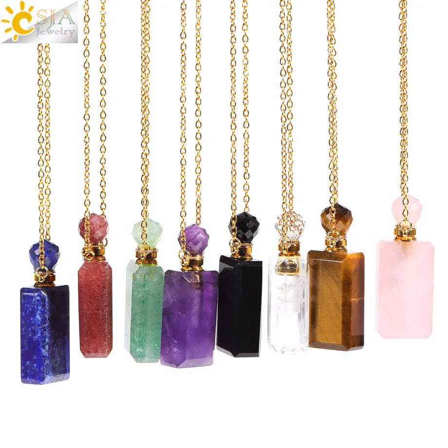 Natural Stone Perfume Bottle Necklace for Women Pink Quartz Crystal Pendant Reiki Essentials Oil Diffuser Vial Necklaces C15