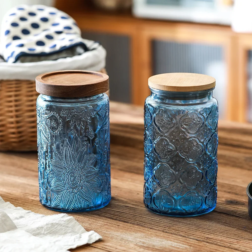 Vintage 1000ml Glass Jar with Colorful Begonia Kitchen Storage Container for Coffee Tea