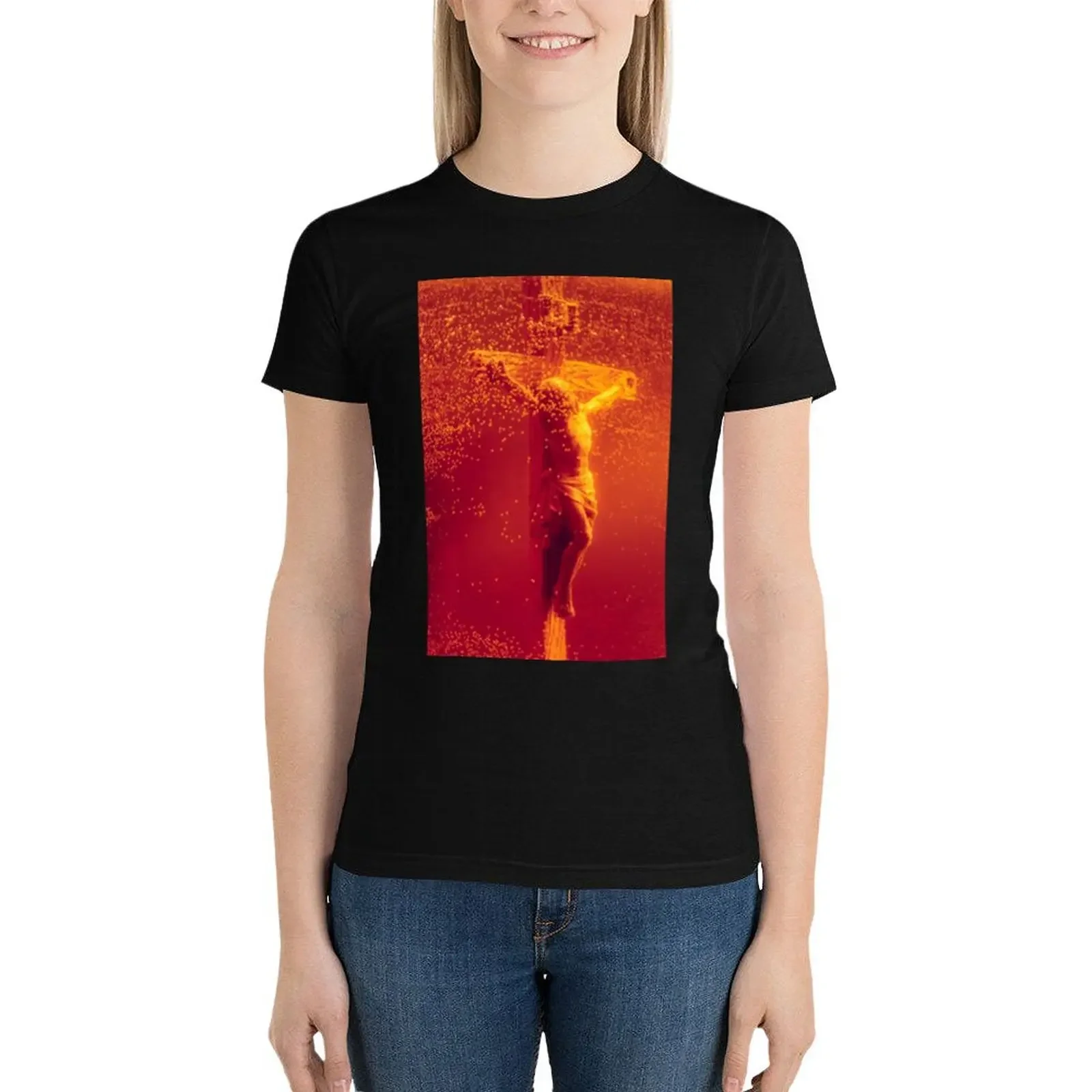 

andres serrano piss christ legins T-Shirt oversized Female clothing summer top rock and roll t shirts for Women