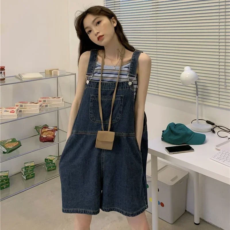 

2024 Women Jumpsuit Summer Casual Sleeveless Female Pocket Suspenders Short Denim Pants Playsuits Overalls