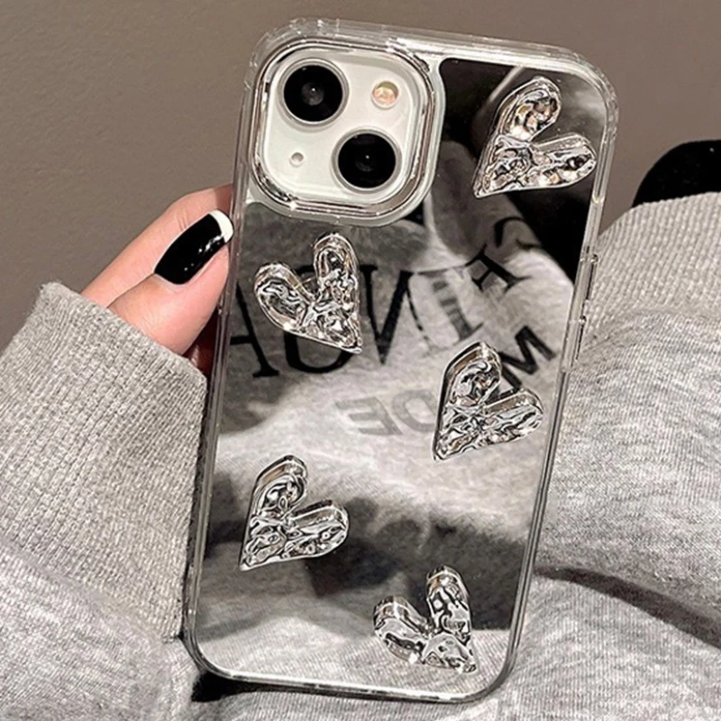 Shining Mirror 3D Heart Case for iPhone 11 12 13 14 15 Pro Max 7 8 Plus SE 2020 15Pro X XR XS MAX Hard Shockproof Phone Cover