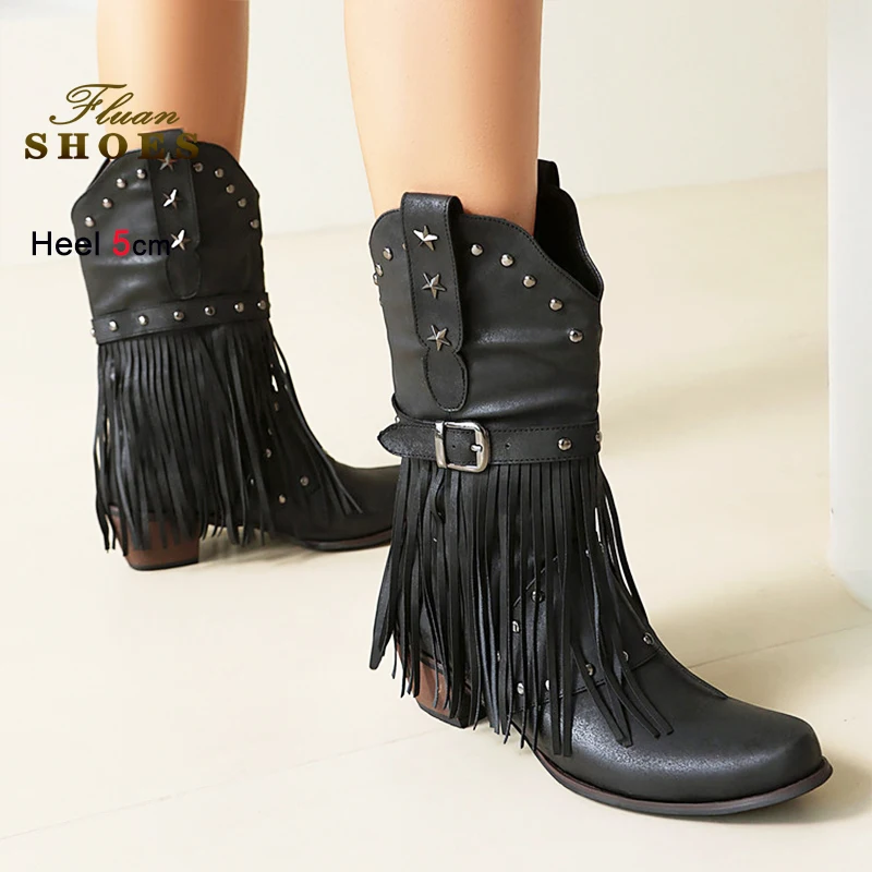 

Retro Women Tassels Boots Spring Autumn 5CM Chunky Heels Casual Rivet Belt Buckle Mid-calf Boots Fashion Western Shoes For Woman