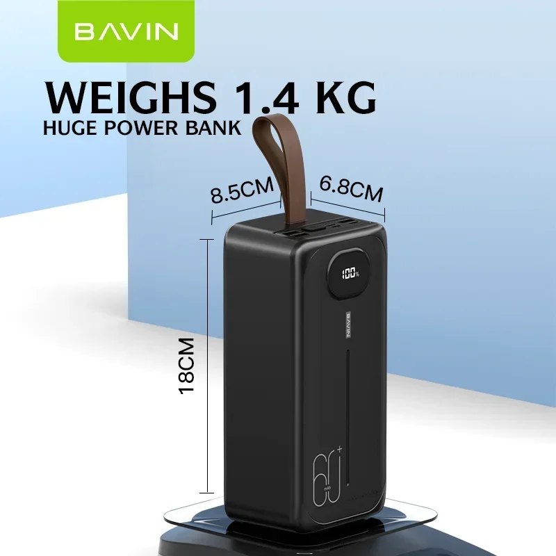 BAVIN Wholesale Portable Large Capacity 60000 mah Power Bank 22.5W Fast Charging powerbank with Flashlight and Cables pc030s