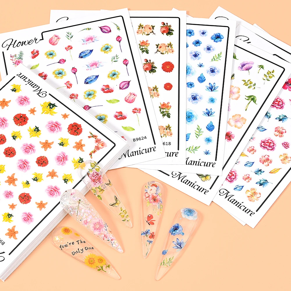 1Sheet Summer Flower Nail Art Stickers 3D Self Adhesive Sunflower Rose Design Nail Decals Colorful Floral Sticker For Nail Decor