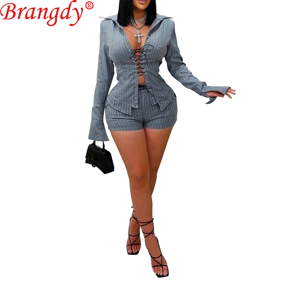 10pcs Bulk Items Wholesale Lots Long Sleeve Lace Up Shirt Shorts Suit 2 Piece Set Outfits for Women 2025 Summer Fashion B15435