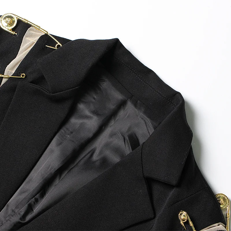 Mesh Splicing Jacket 2025 Summer New Style Pin Decoration Long Sleeve Slim Suit for Women Blazer Femme