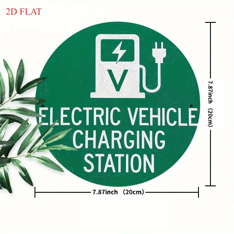 HD Tin Sign, Electric Vehicle Charging Station Round Metal Wall Art, Vintage EV Charging Area Warning Sign for Garage Parking Lo